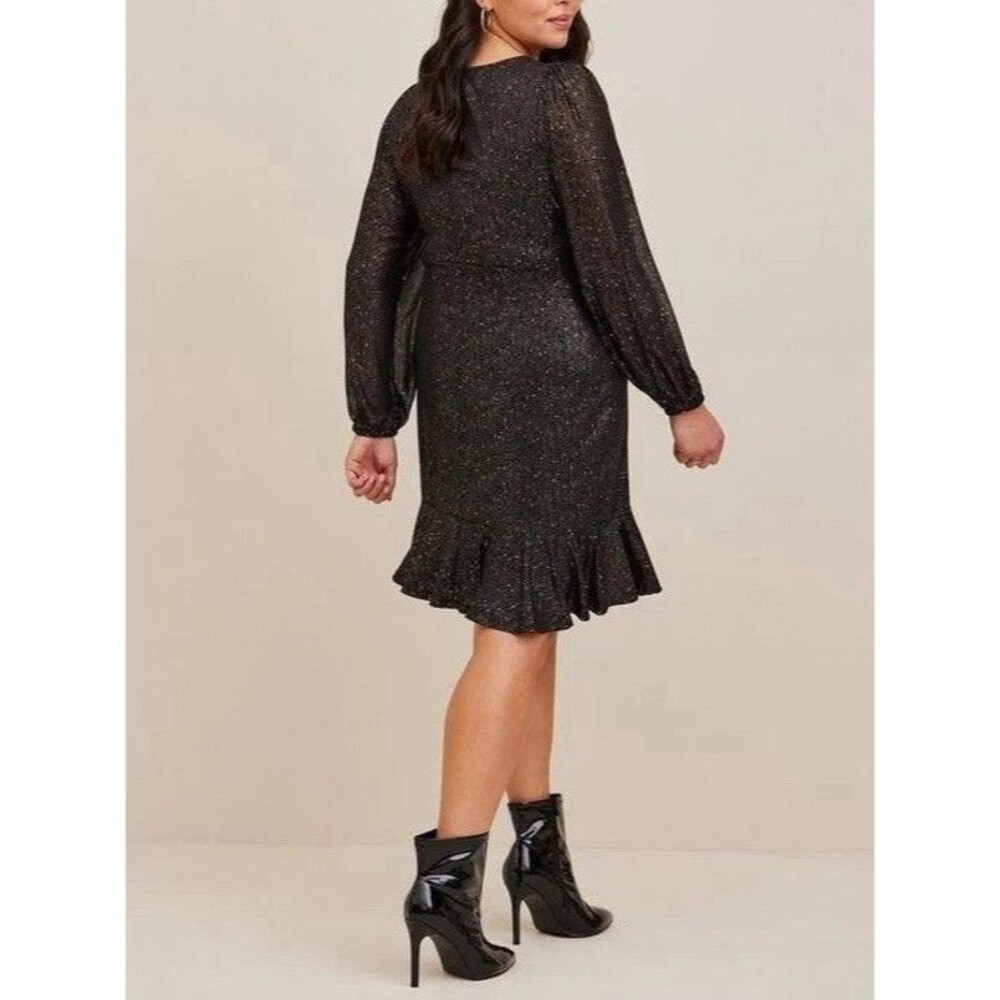 TORRID 5X(28) Black Gold Fit & Flare Mini Studio Knit Ruched Dress Crew Neck - Picture 3 of 16